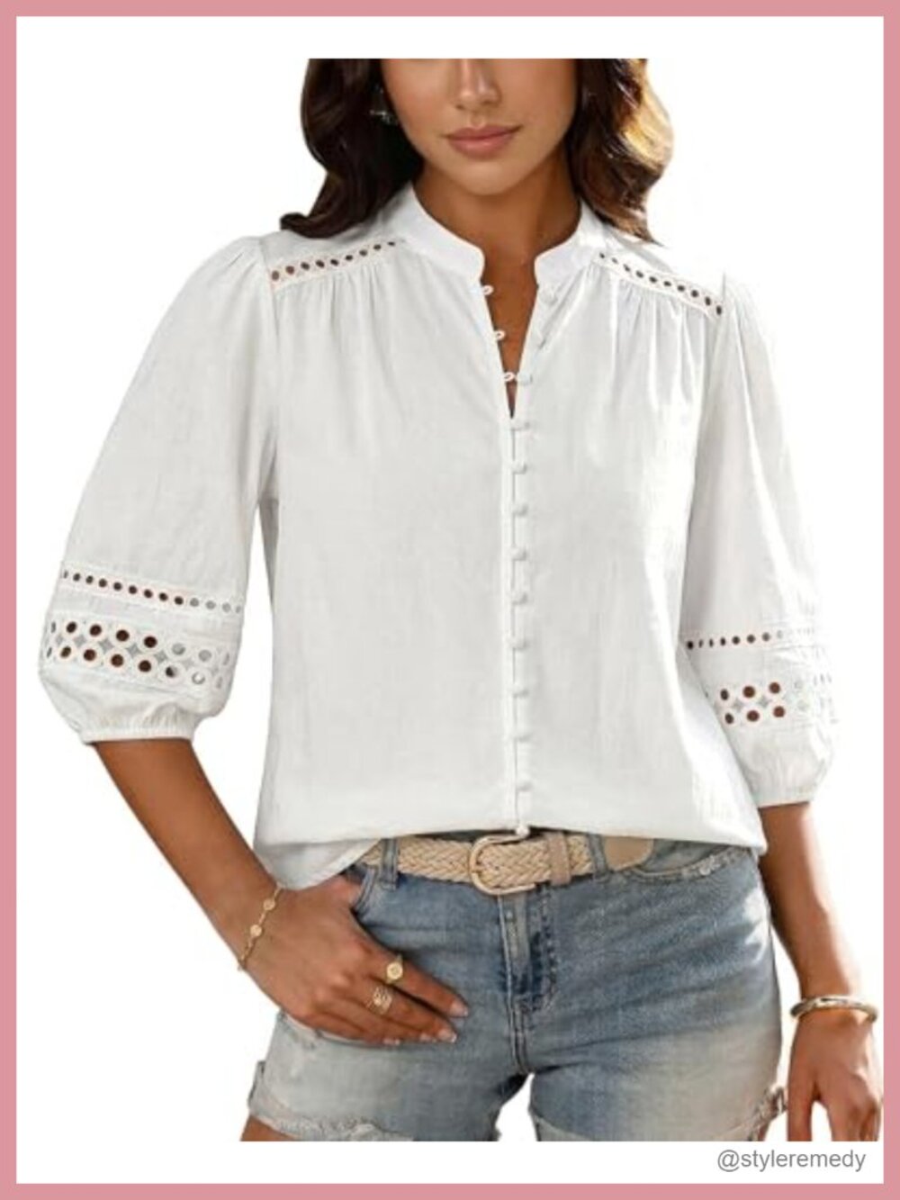 Women's Cotton Eyelet Button Down Blouse 3/4 Puff Sleeve Mandarin Collar Boho